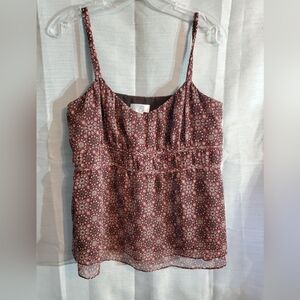 LOFT Women's 12p Brown And Red Geometric Patterned Babydoll Top Zip Side